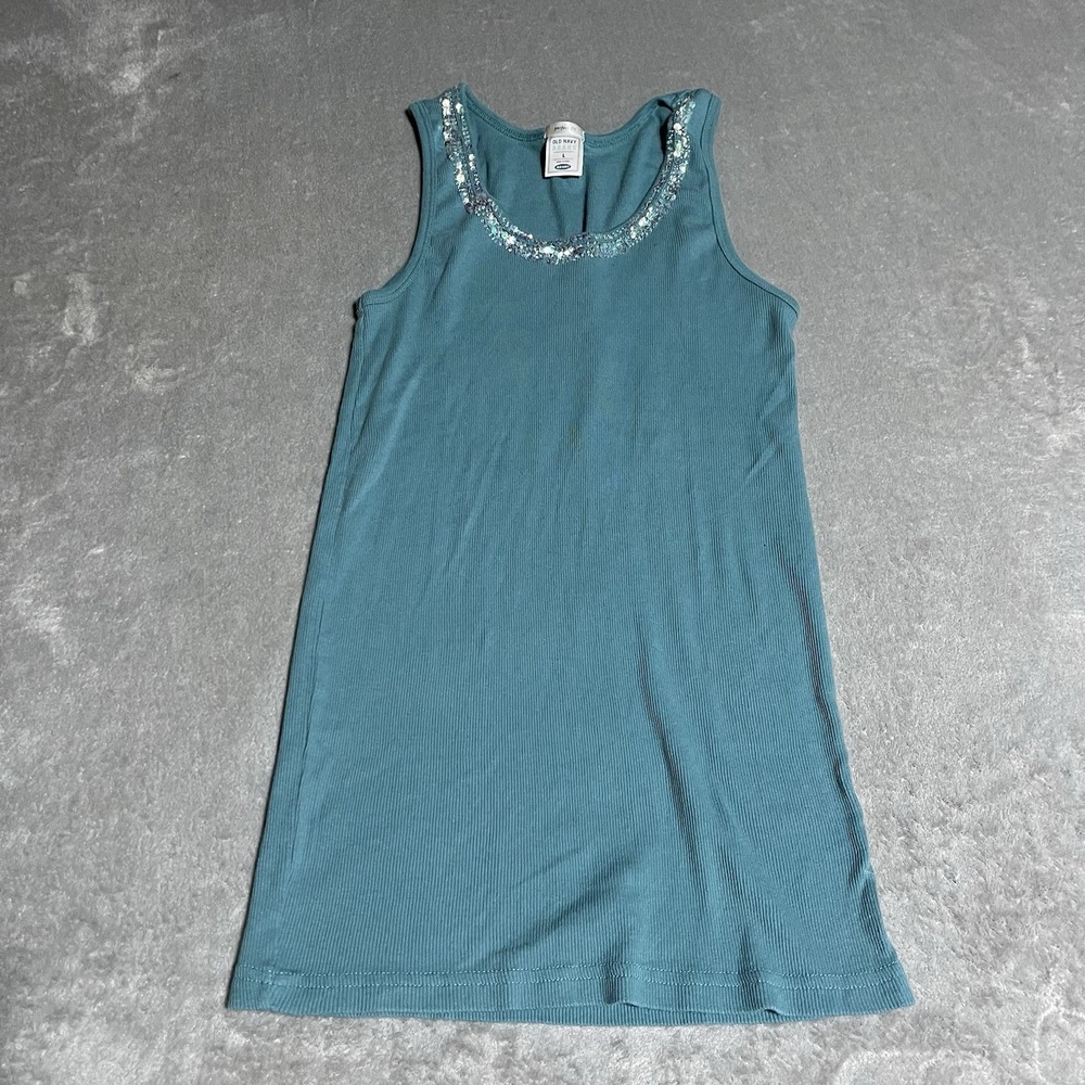 Y2K Old Navy Tank Top Womens Large Perfect Fit Ribbed Cotton Sequins Pullover